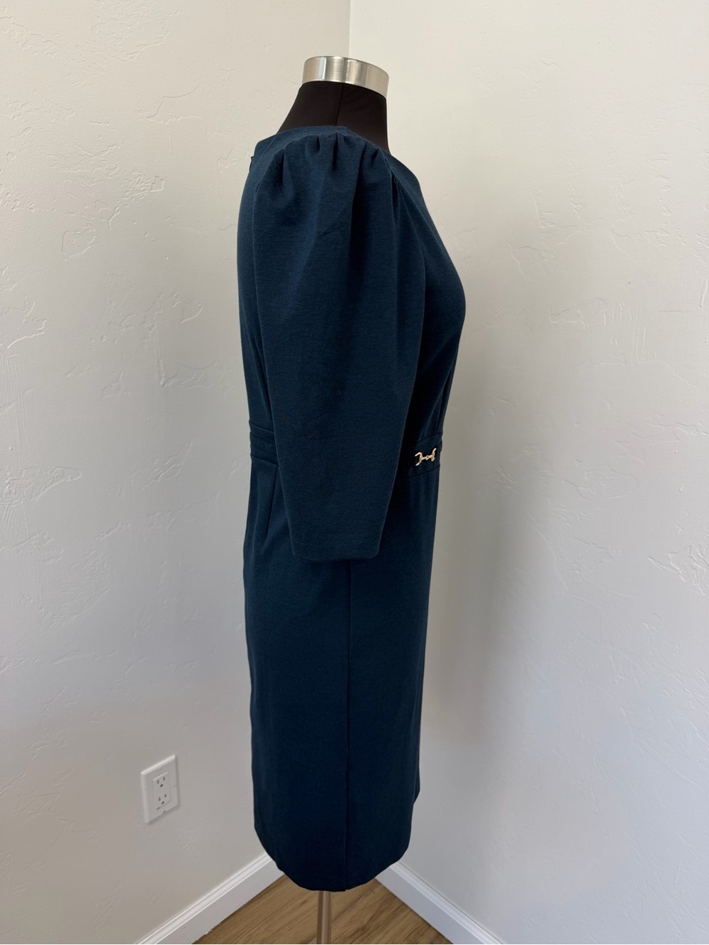 NWT Ann Taylor Dark Teal Sheath with Subtle Waist Hardware Midi Dress Size 8P - Picture 5 of 12